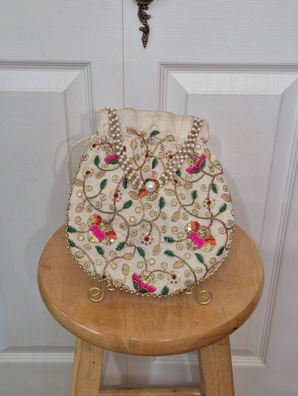 Indian potli bag drawstring pouch with faux pearl beaded handle